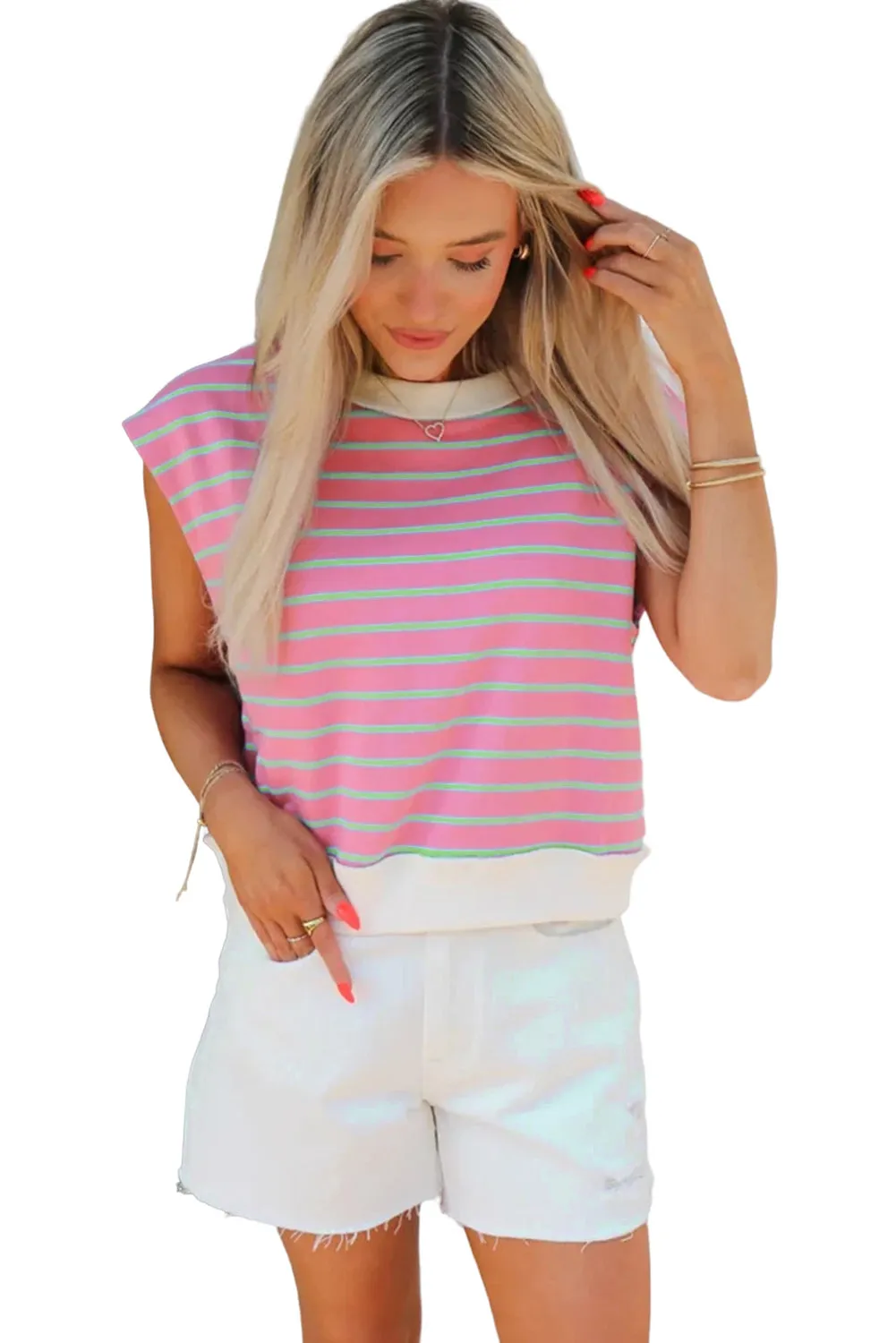 Sachet Pink Striped Crew Neck Cap Sleeve T Shirt