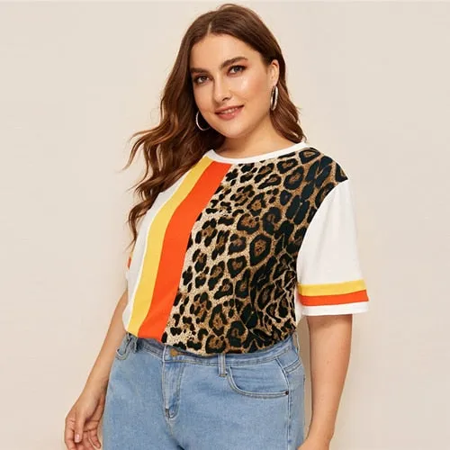 SHEIN Plus Size Cut And Sew Striped Leopard Top Women 2019 Summer Colorblock Casual Round Neck Tee Highstreet Weekend T-shirt