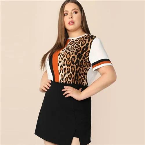 SHEIN Plus Size Cut And Sew Striped Leopard Top Women 2019 Summer Colorblock Casual Round Neck Tee Highstreet Weekend T-shirt