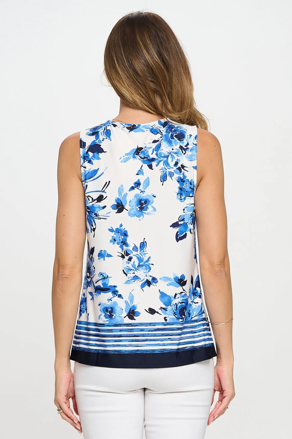 SLEEVELESS BORDER PRINT PLEAT TANK TOP
