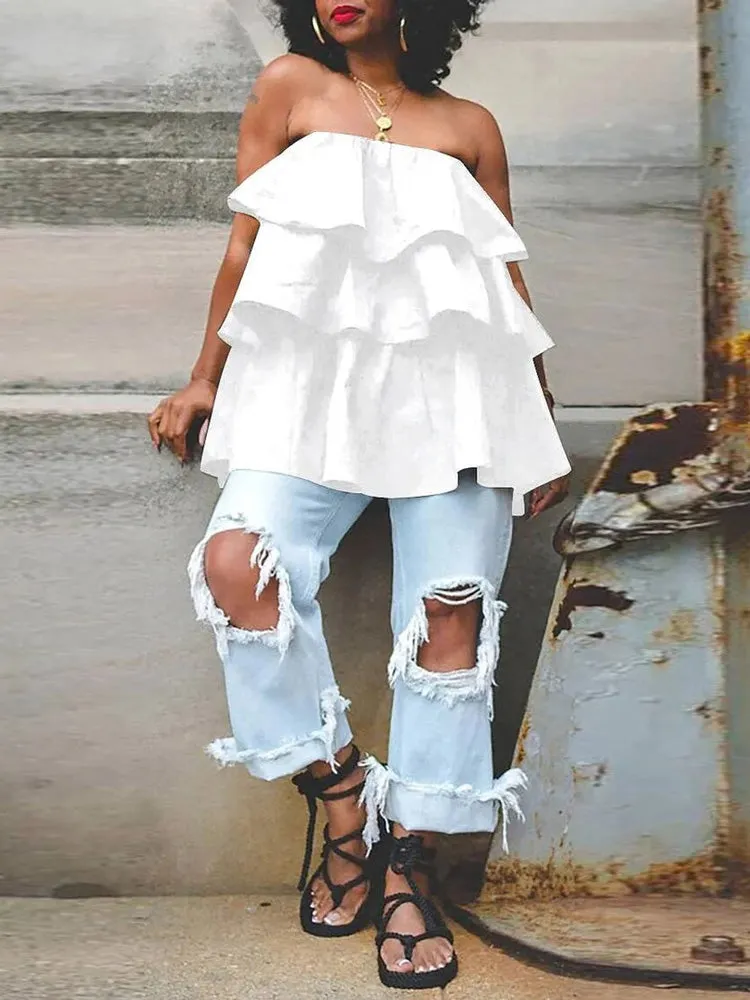 Sleeveless Ruffle Solid Blouse
