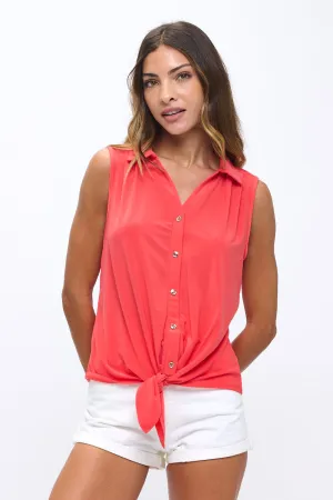 SLEEVELESS SOLID ITY BUTTON DOWN COLLAR TIE FRONT SHIRT