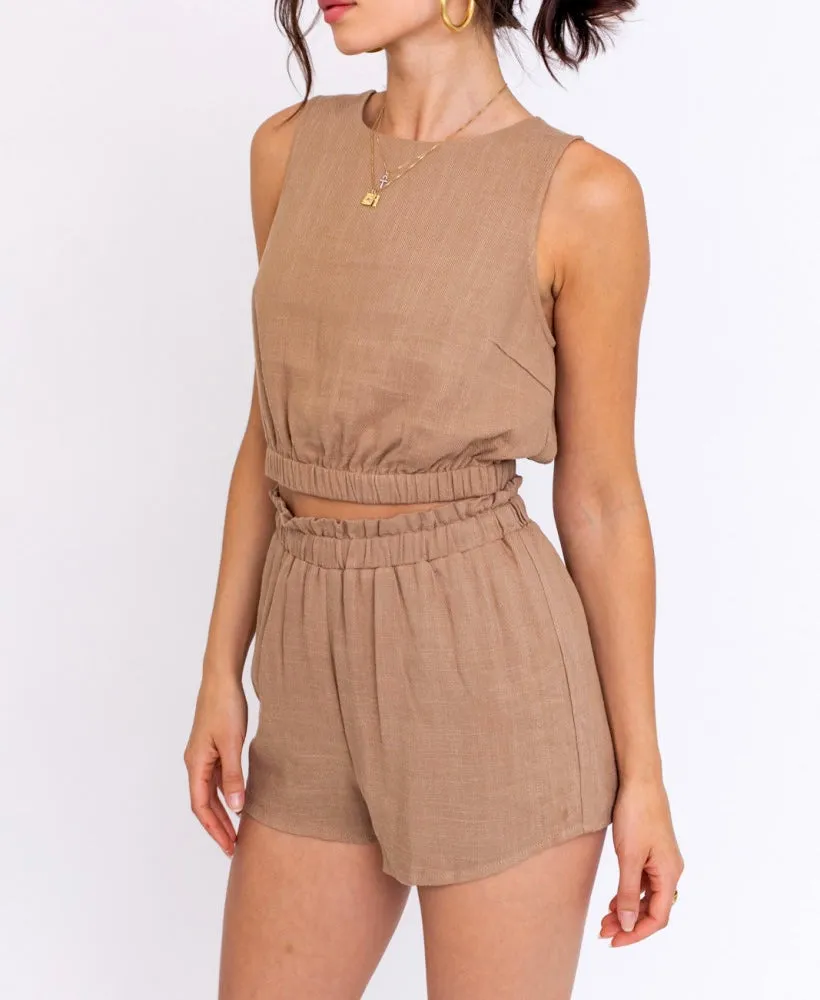 Sleeveless Washed Linen Elastic Hem Crop Top
