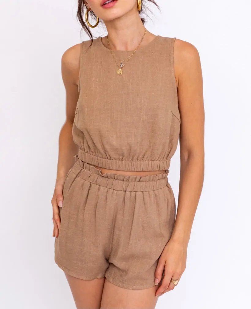 Sleeveless Washed Linen Elastic Hem Crop Top