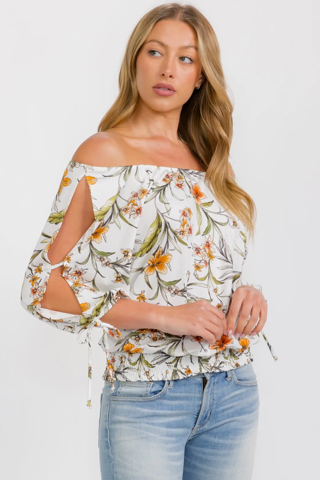 SMOCKING HEM TIE COLD SHOULDER BLOUSE