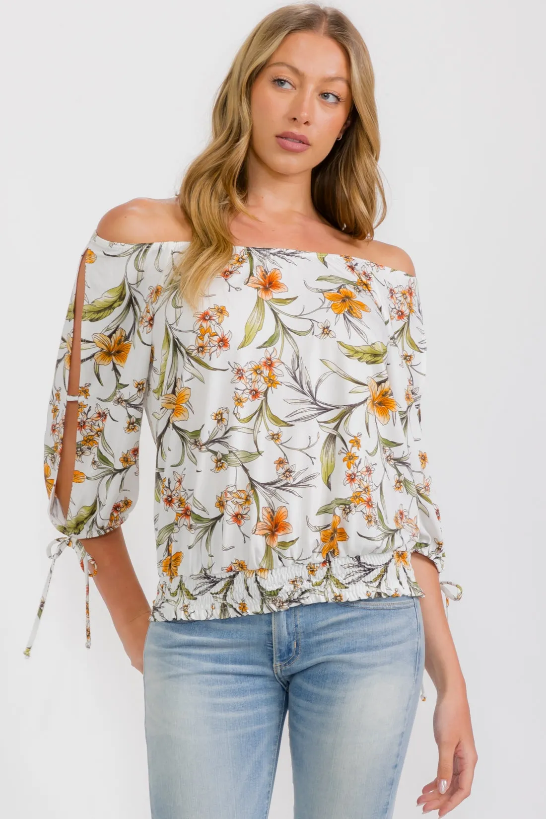 SMOCKING HEM TIE COLD SHOULDER BLOUSE