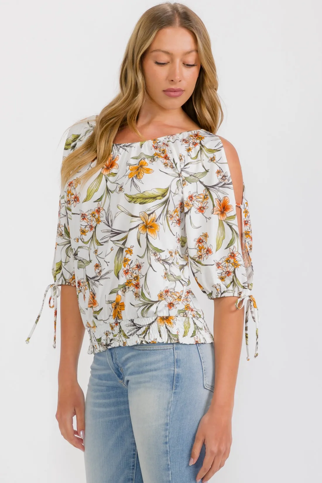 SMOCKING HEM TIE COLD SHOULDER BLOUSE