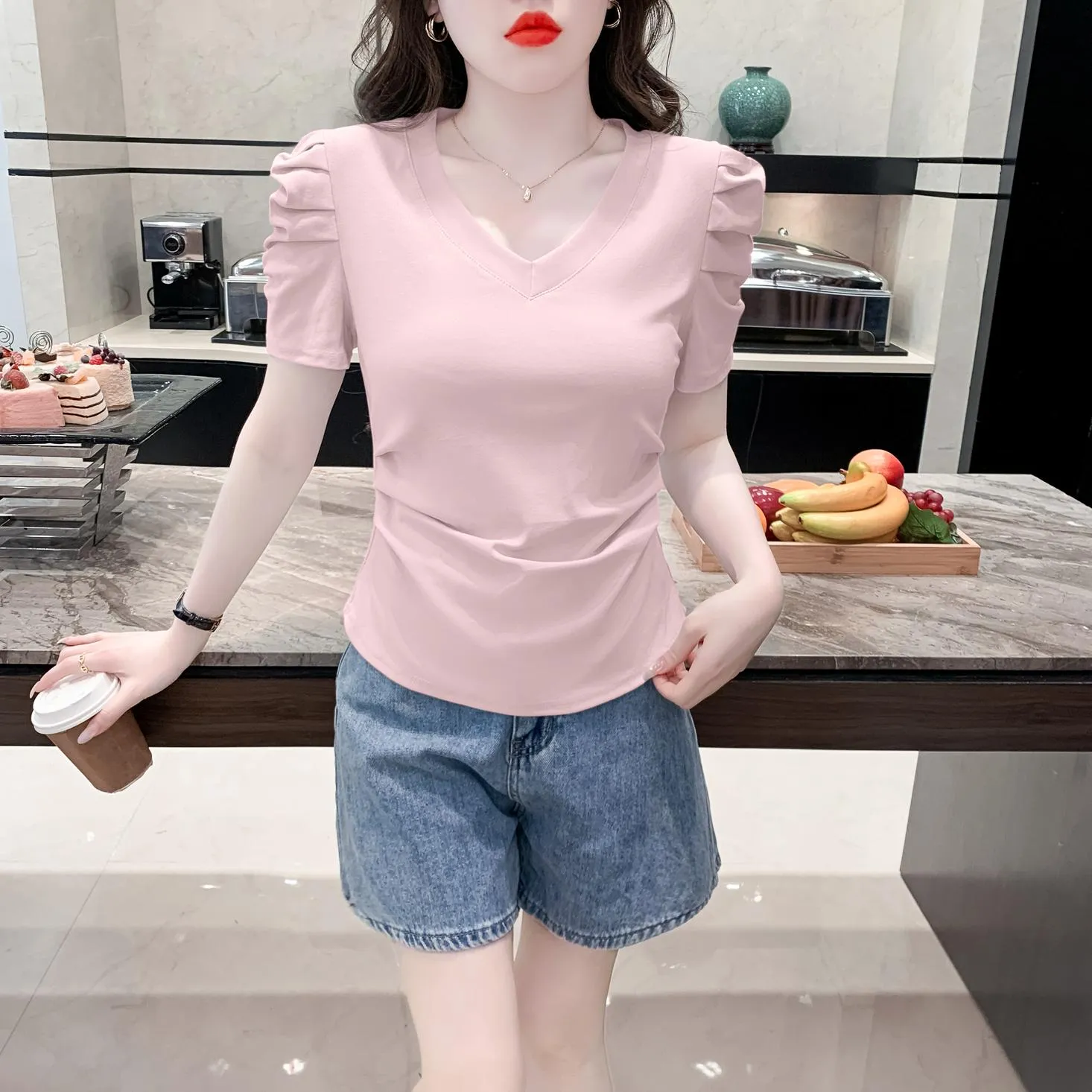 Solid Cotton T-Shirt Featuring Rounded Hem and Puff Sleeves