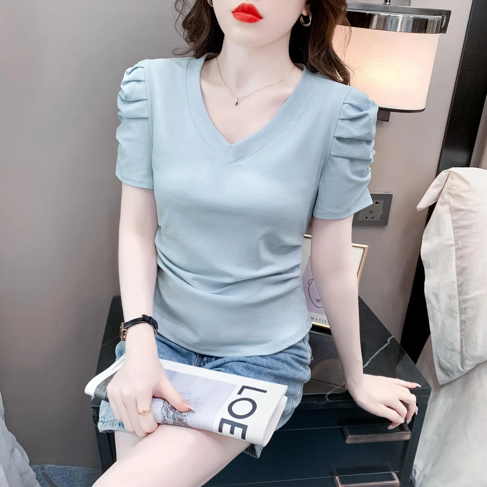 Solid Cotton T-Shirt Featuring Rounded Hem and Puff Sleeves