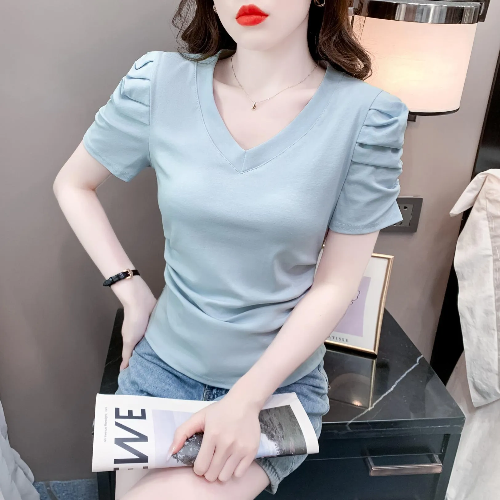 Solid Cotton T-Shirt Featuring Rounded Hem and Puff Sleeves