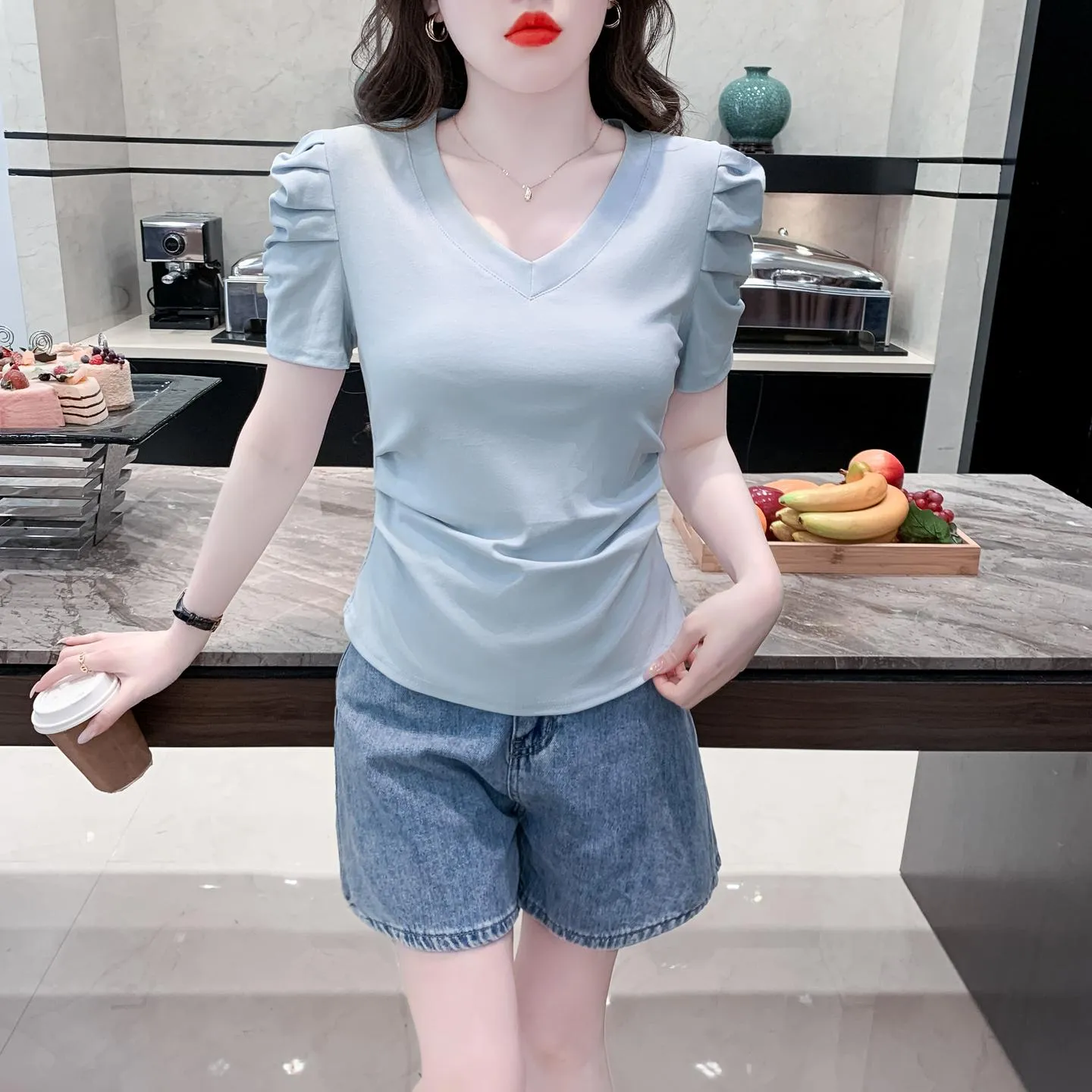 Solid Cotton T-Shirt Featuring Rounded Hem and Puff Sleeves