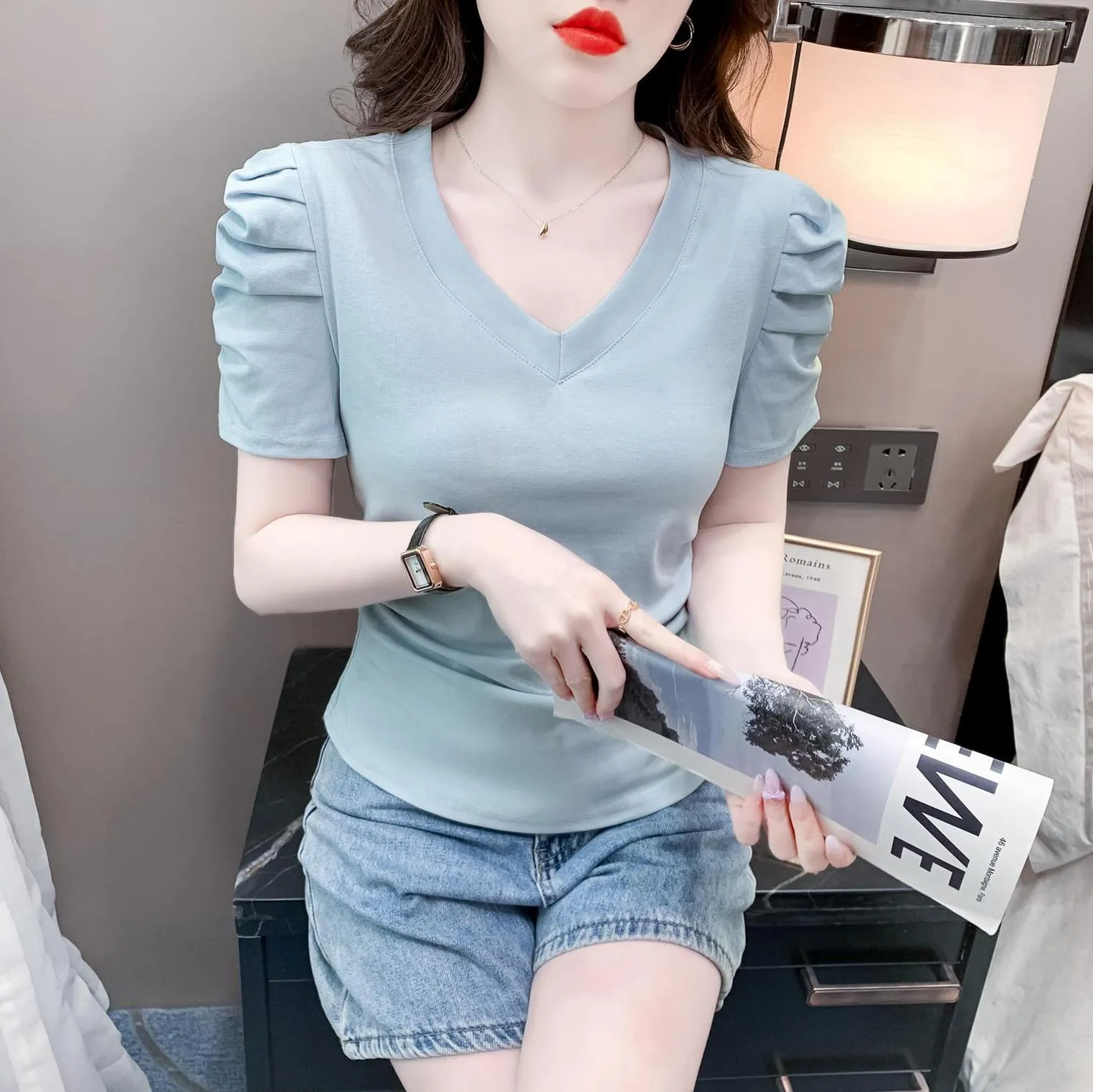 Solid Cotton T-Shirt Featuring Rounded Hem and Puff Sleeves