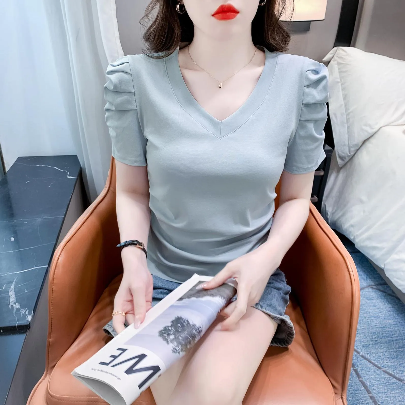 Solid Cotton T-Shirt Featuring Rounded Hem and Puff Sleeves