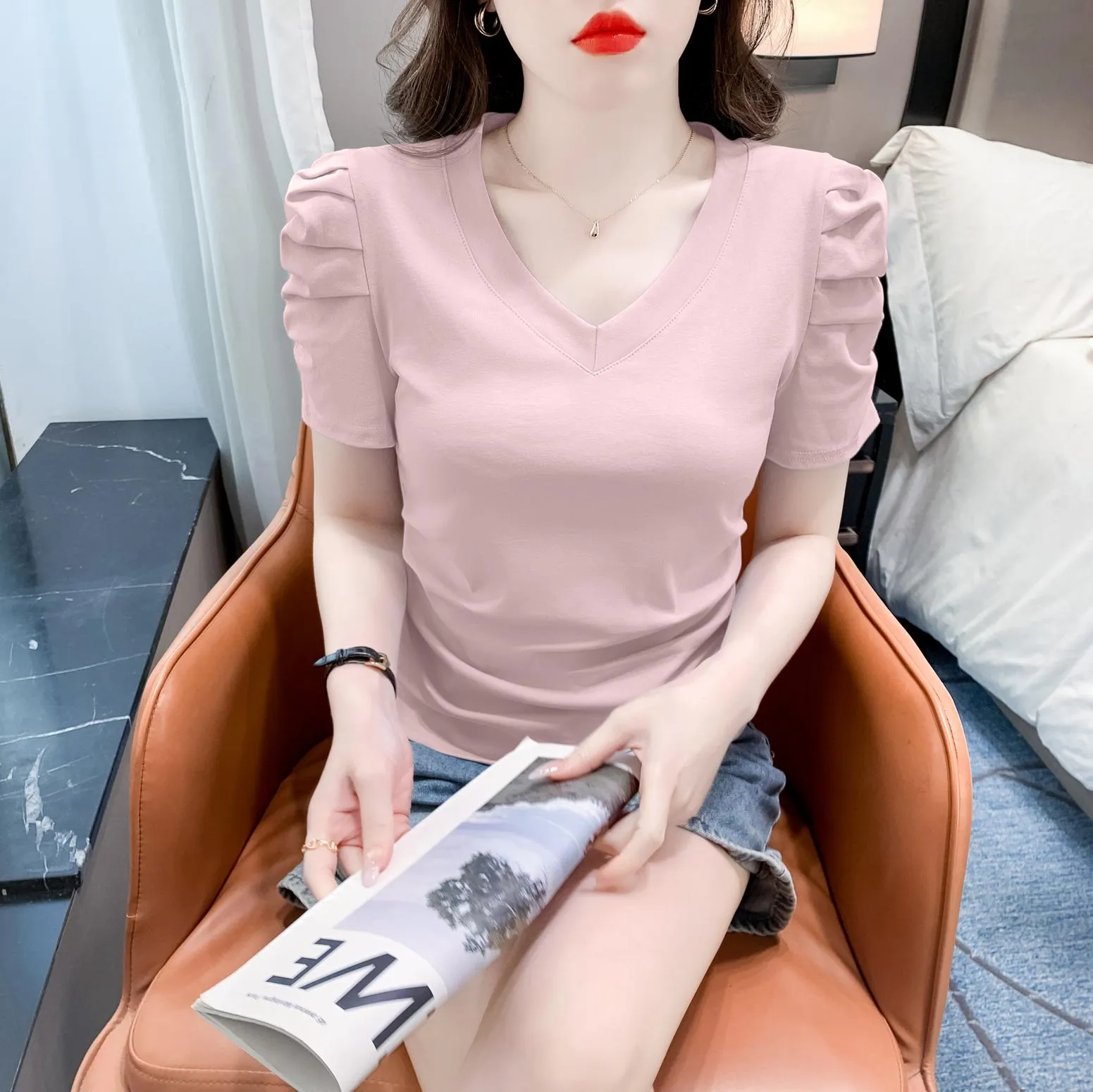 Solid Cotton T-Shirt Featuring Rounded Hem and Puff Sleeves