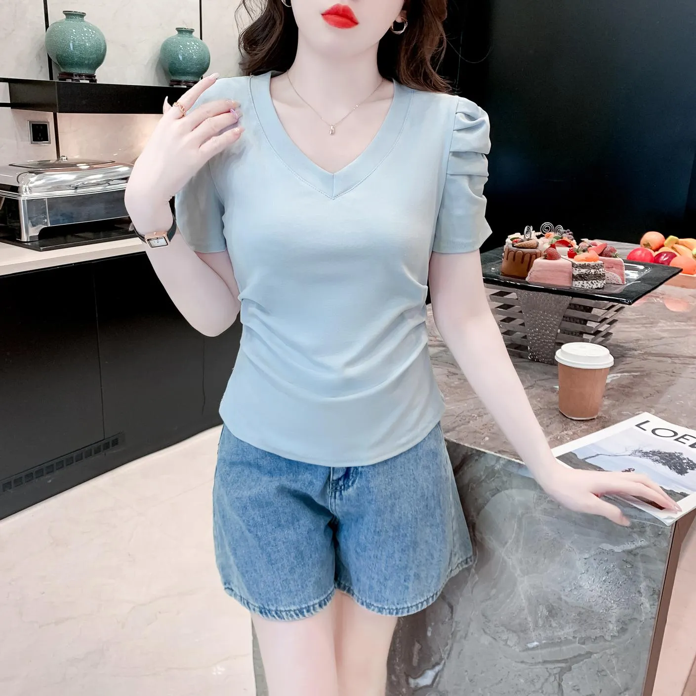 Solid Cotton T-Shirt Featuring Rounded Hem and Puff Sleeves