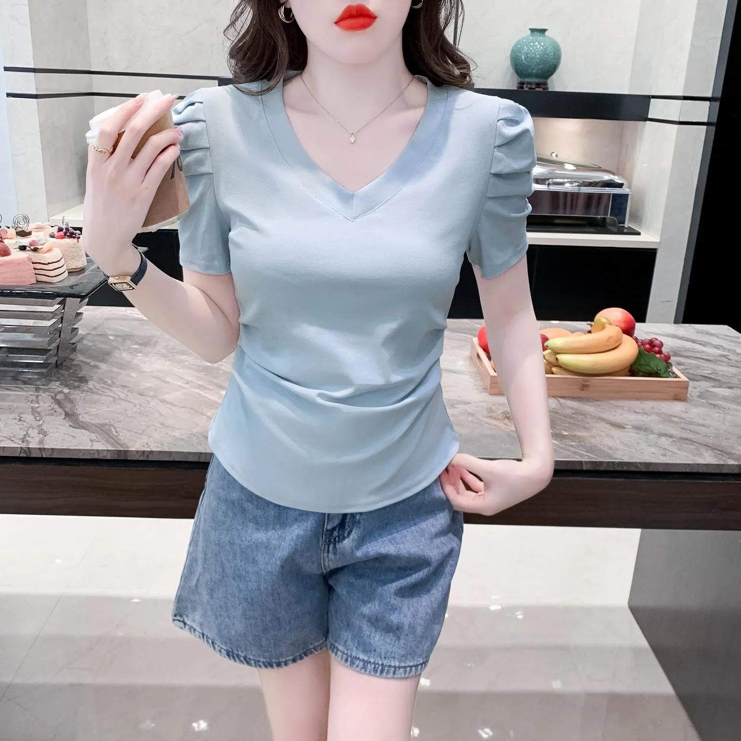 Solid Cotton T-Shirt Featuring Rounded Hem and Puff Sleeves