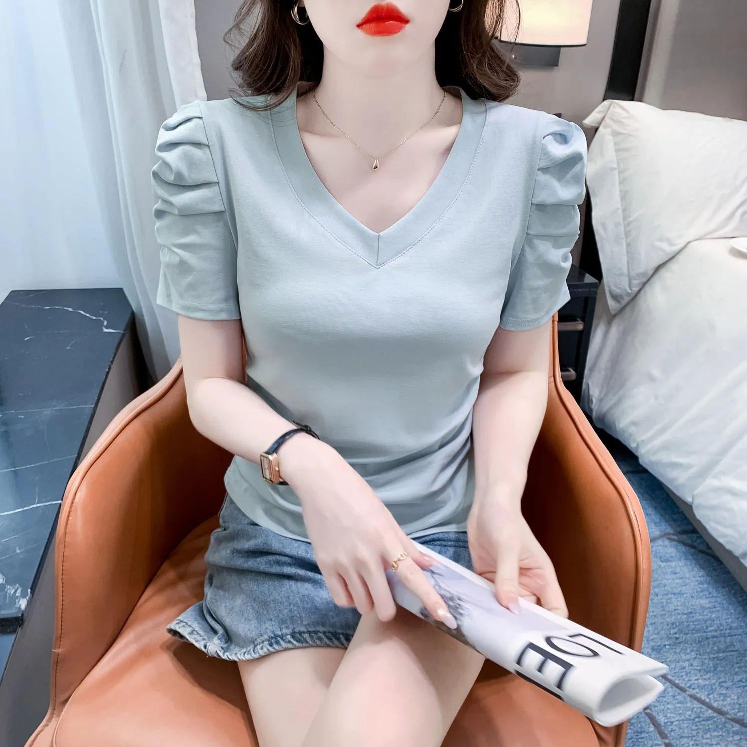Solid Cotton T-Shirt Featuring Rounded Hem and Puff Sleeves