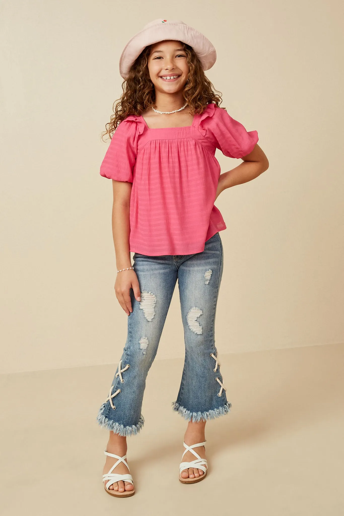 Square Neck Ruffle Shoulder Textured Top