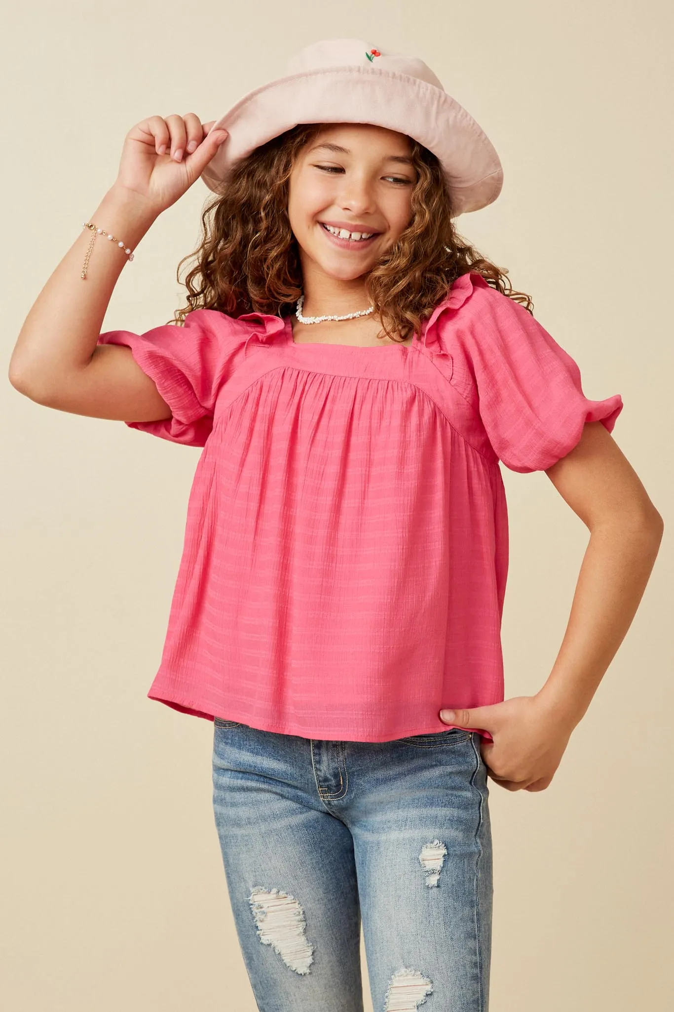 Square Neck Ruffle Shoulder Textured Top