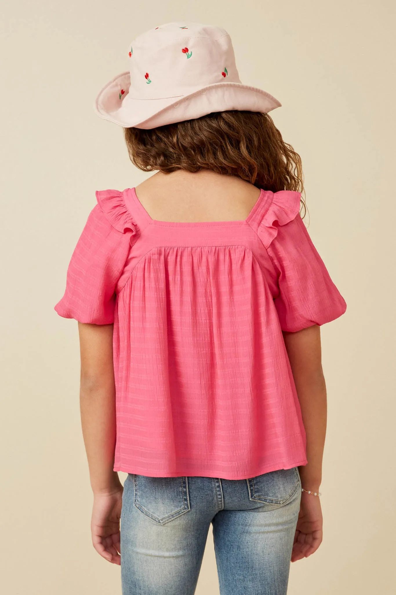 Square Neck Ruffle Shoulder Textured Top