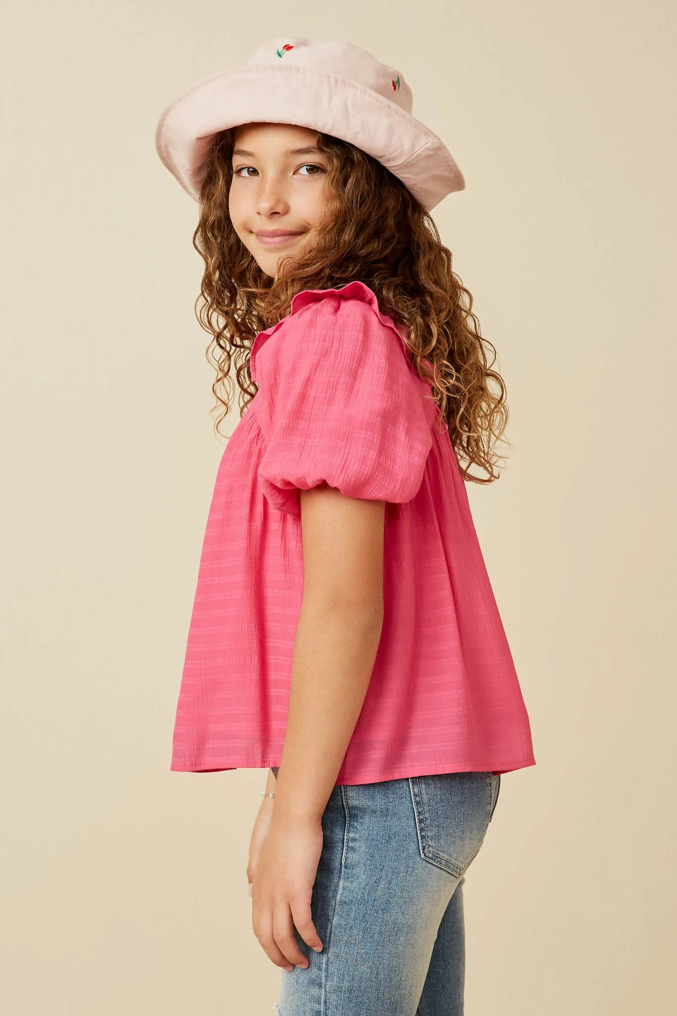 Square Neck Ruffle Shoulder Textured Top