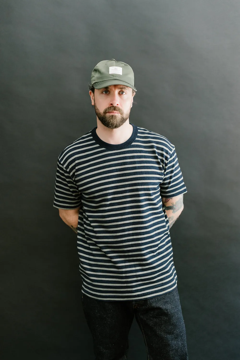 SS-5407-1 - Knitted Heavyweight Striped Tee Shirt - Indigo, Beige
