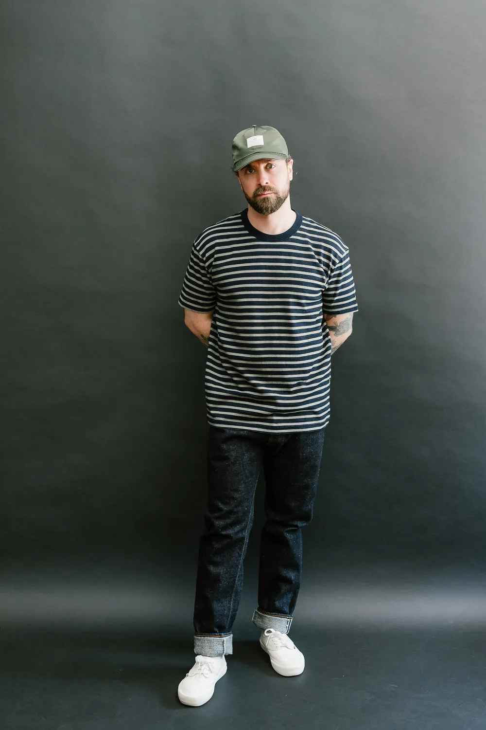 SS-5407-1 - Knitted Heavyweight Striped Tee Shirt - Indigo, Beige