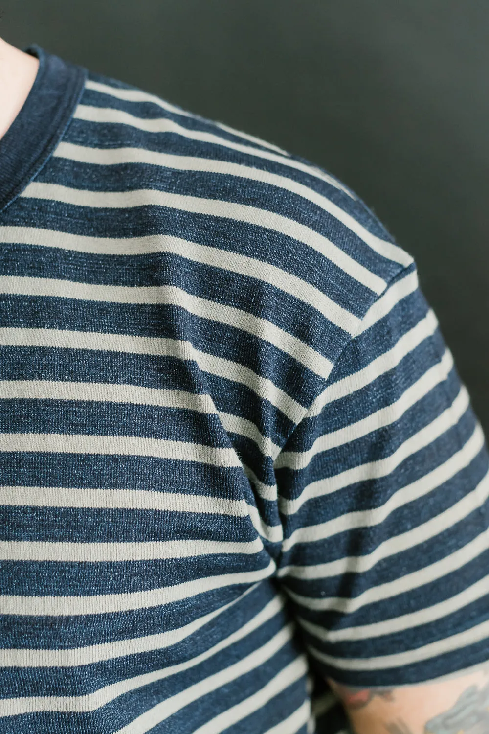 SS-5407-1 - Knitted Heavyweight Striped Tee Shirt - Indigo, Beige