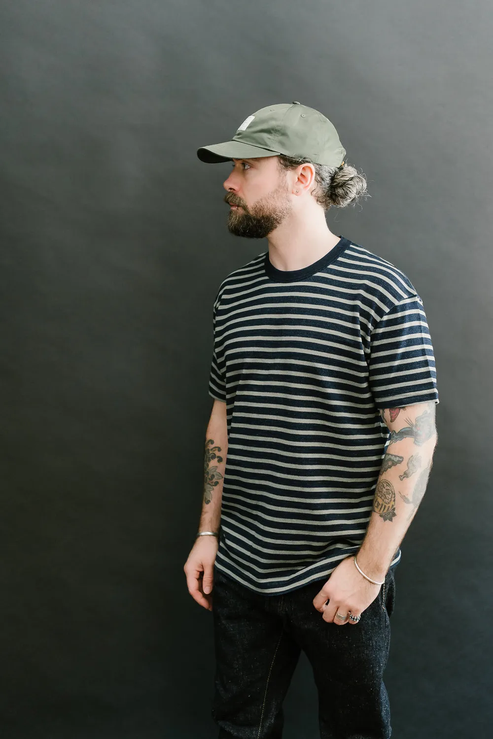 SS-5407-1 - Knitted Heavyweight Striped Tee Shirt - Indigo, Beige