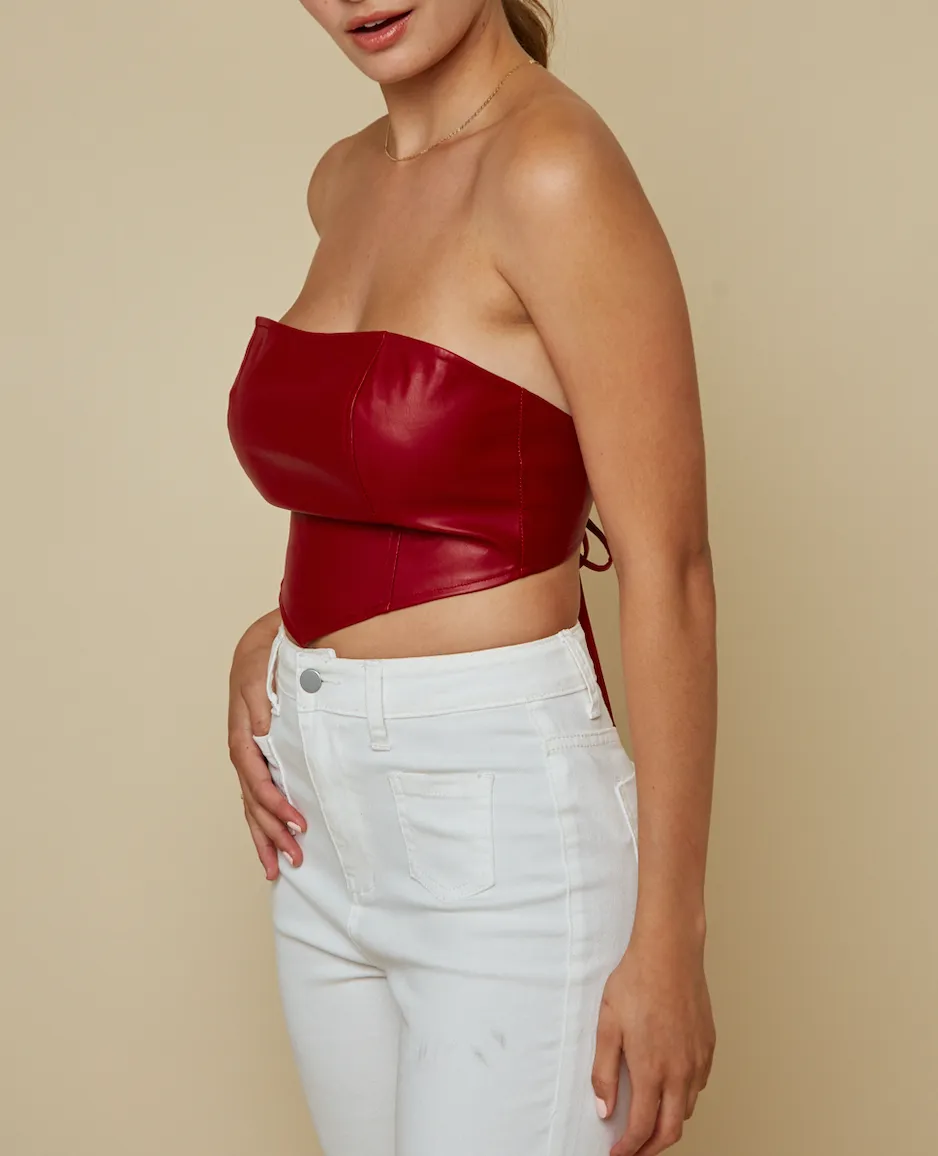 Strapless Eco Leather Handkerchief Hem Crop Top