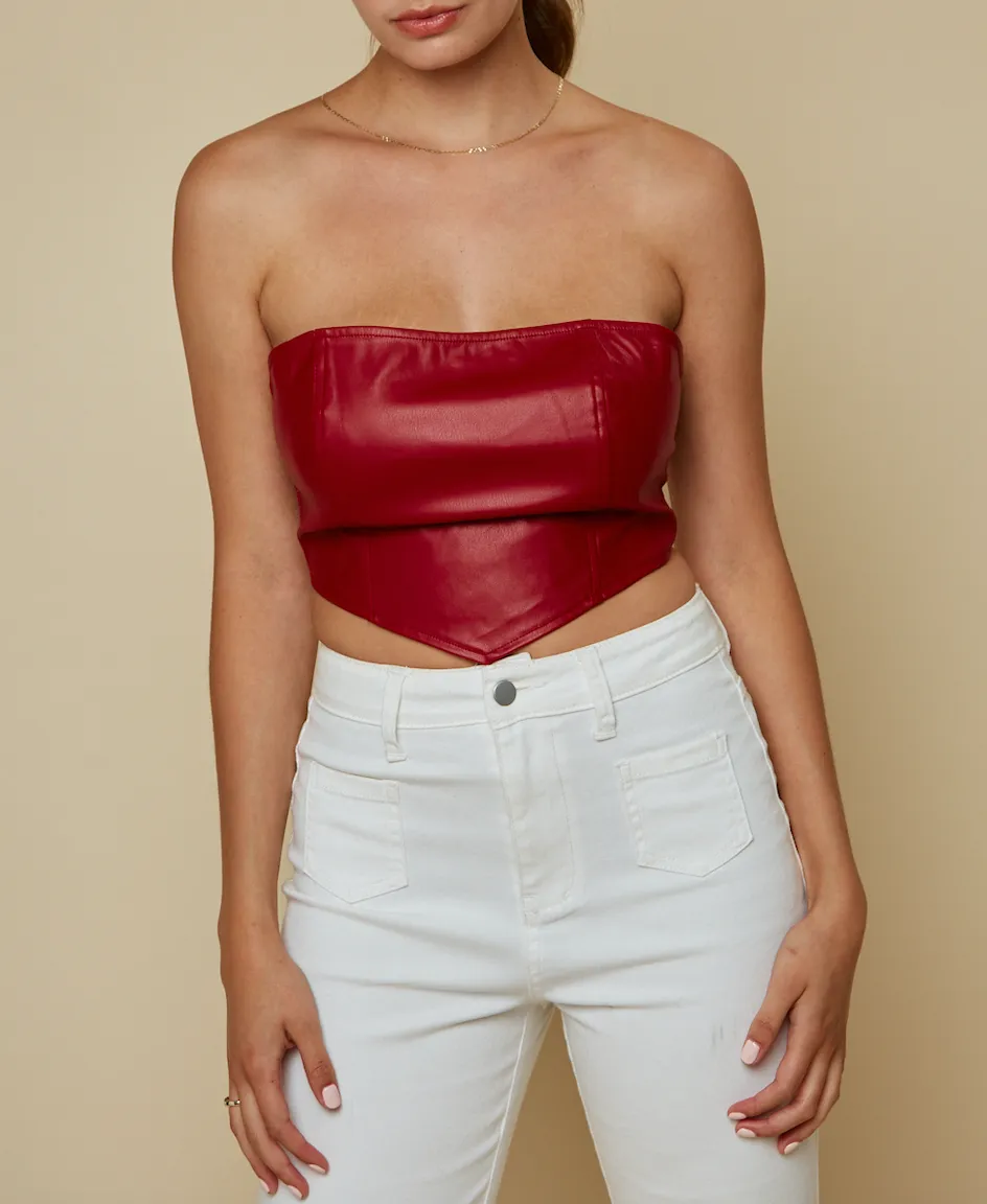 Strapless Eco Leather Handkerchief Hem Crop Top