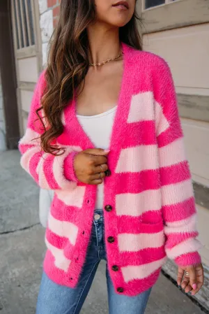 Strawberry Pink Colorblock Striped Button-Up Fuzzy Cardigan