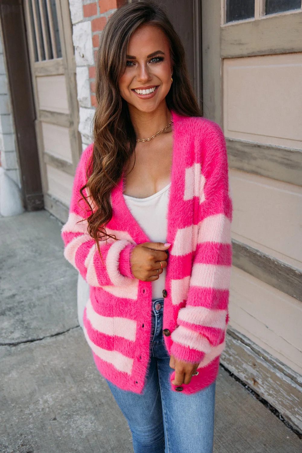 Strawberry Pink Colorblock Striped Button-Up Fuzzy Cardigan