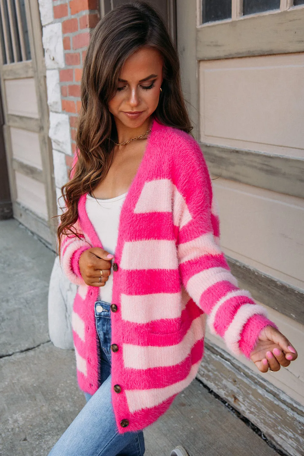 Strawberry Pink Colorblock Striped Button-Up Fuzzy Cardigan