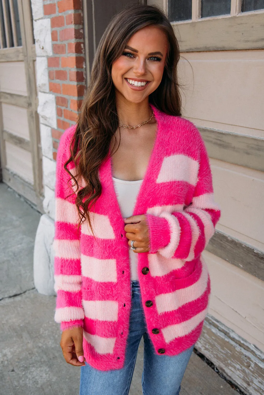 Strawberry Pink Colorblock Striped Button-Up Fuzzy Cardigan