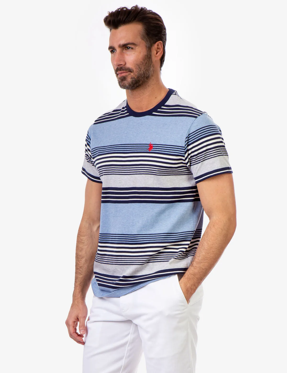 STRIPE HEATHER CREW NECK T-SHIRT