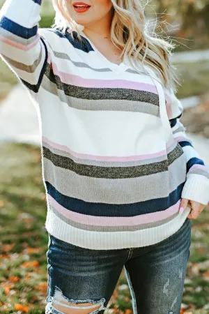 Stripe Plus Size Striped Hooded Knit Sweater