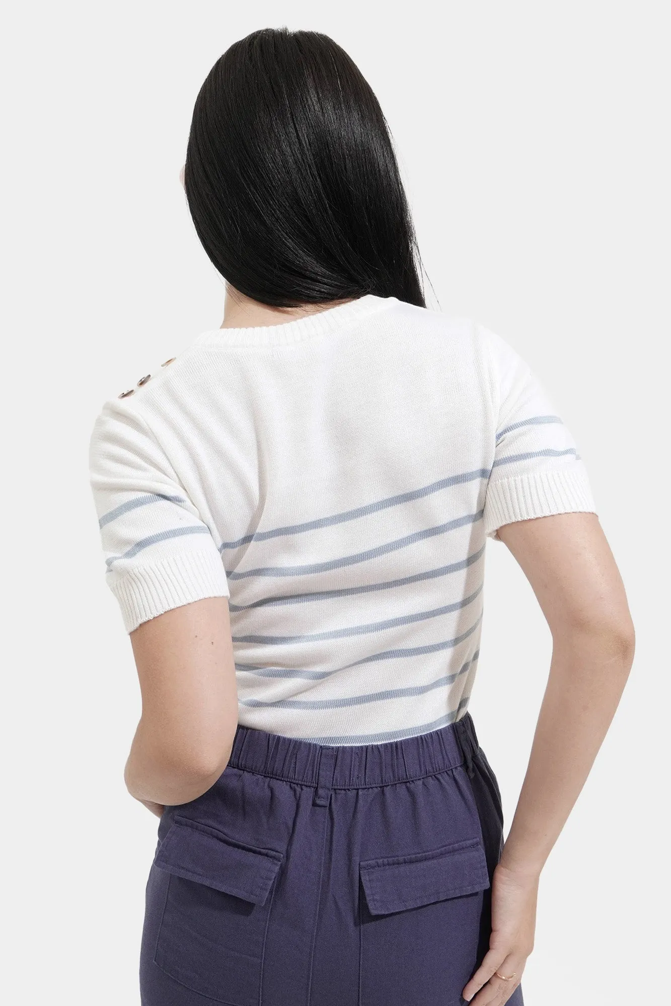 Striped Flat Knit Tee with Button Detail