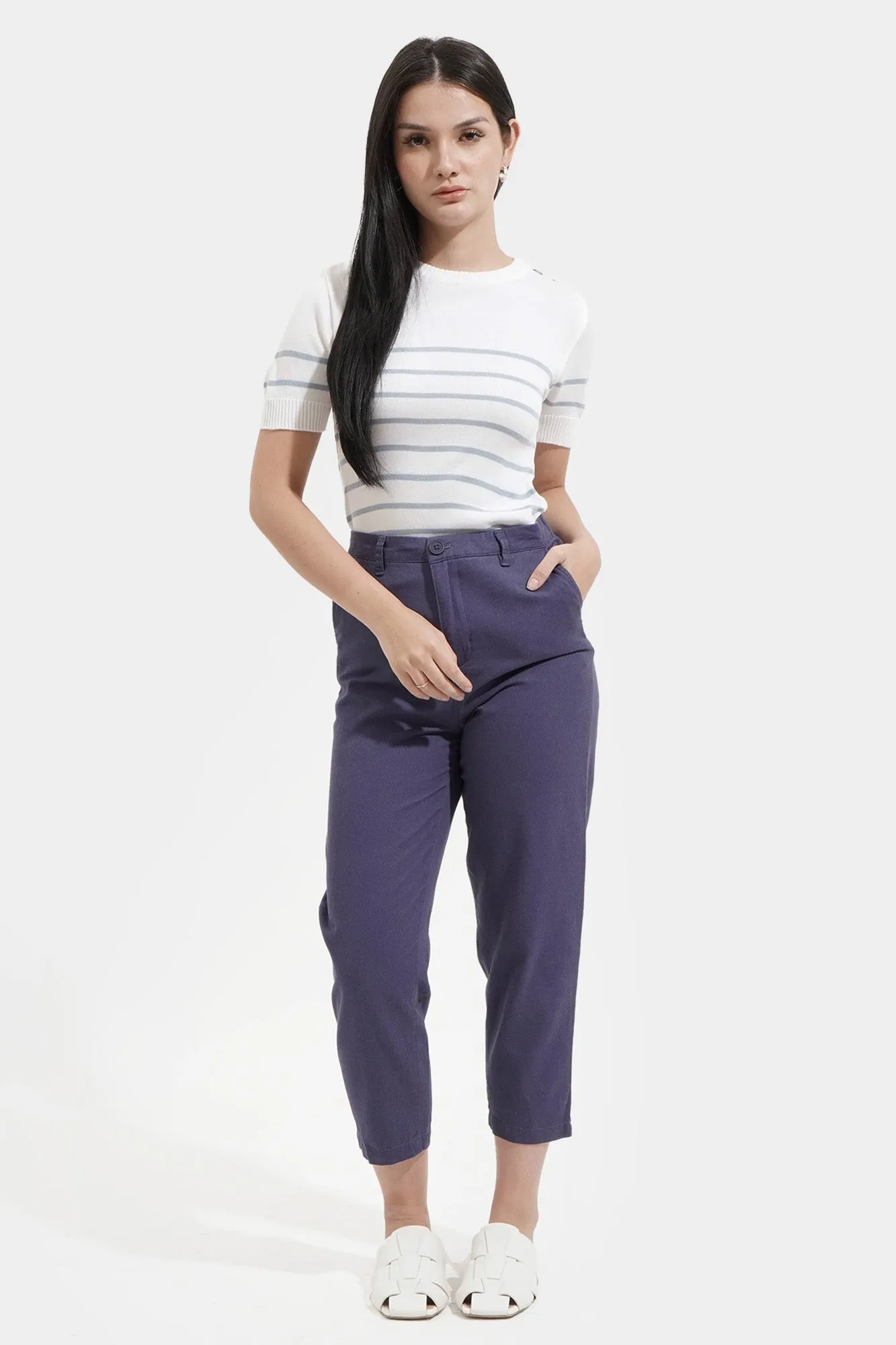 Striped Flat Knit Tee with Button Detail