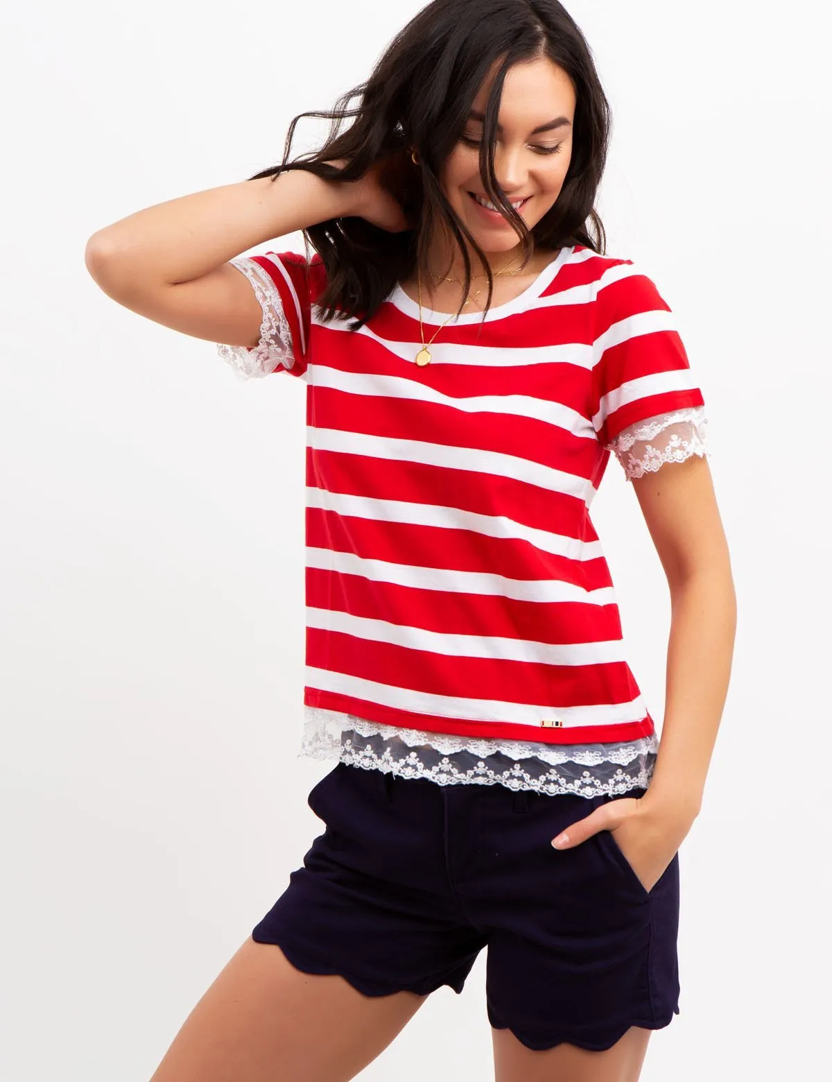 STRIPED LACE TRIM TOP