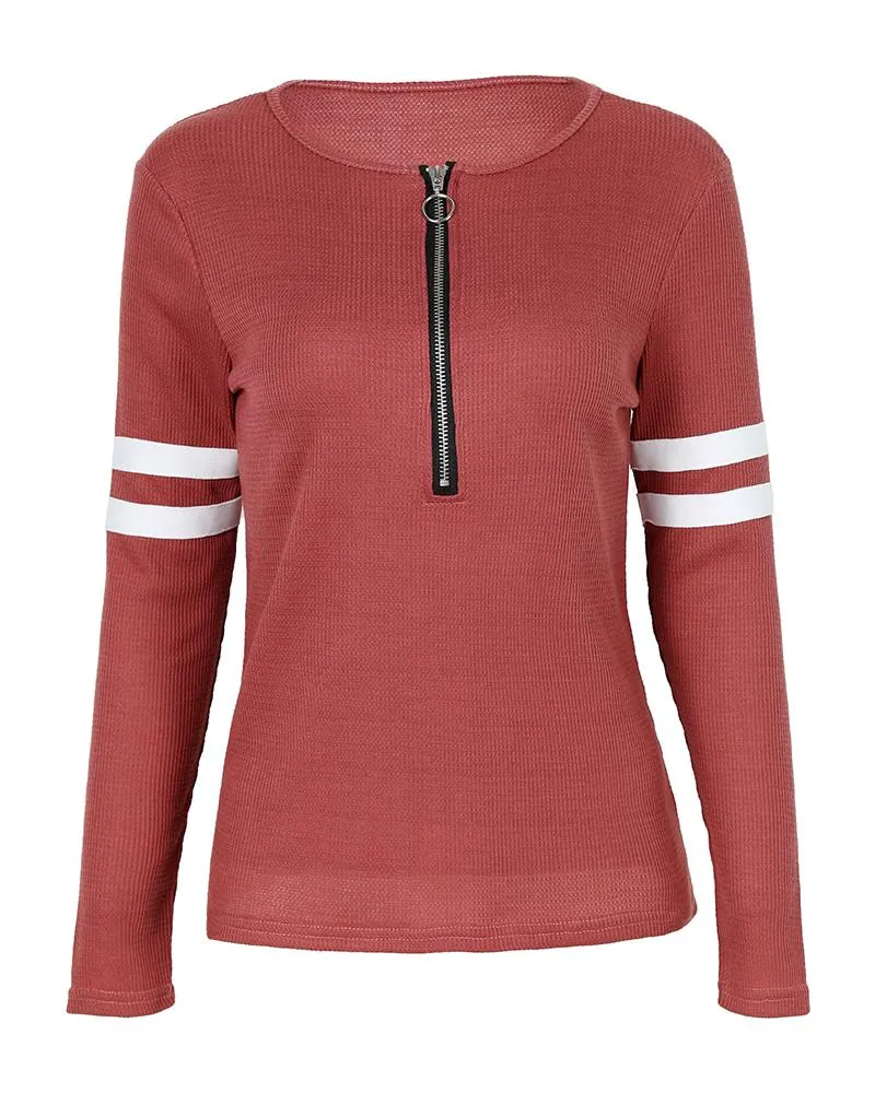 Striped Print Zipper Front Long Sleeve Top