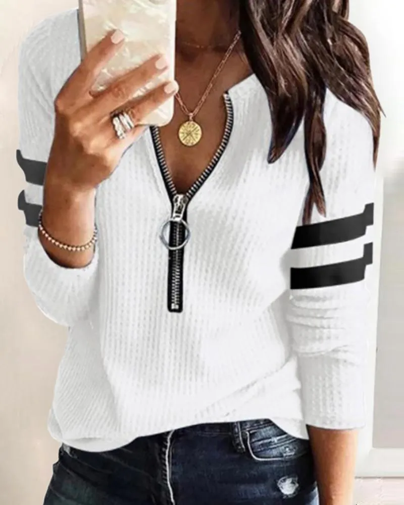 Striped Print Zipper Front Long Sleeve Top