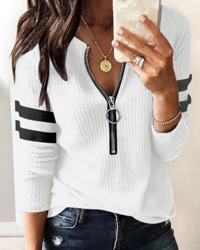 Striped Print Zipper Front Long Sleeve Top