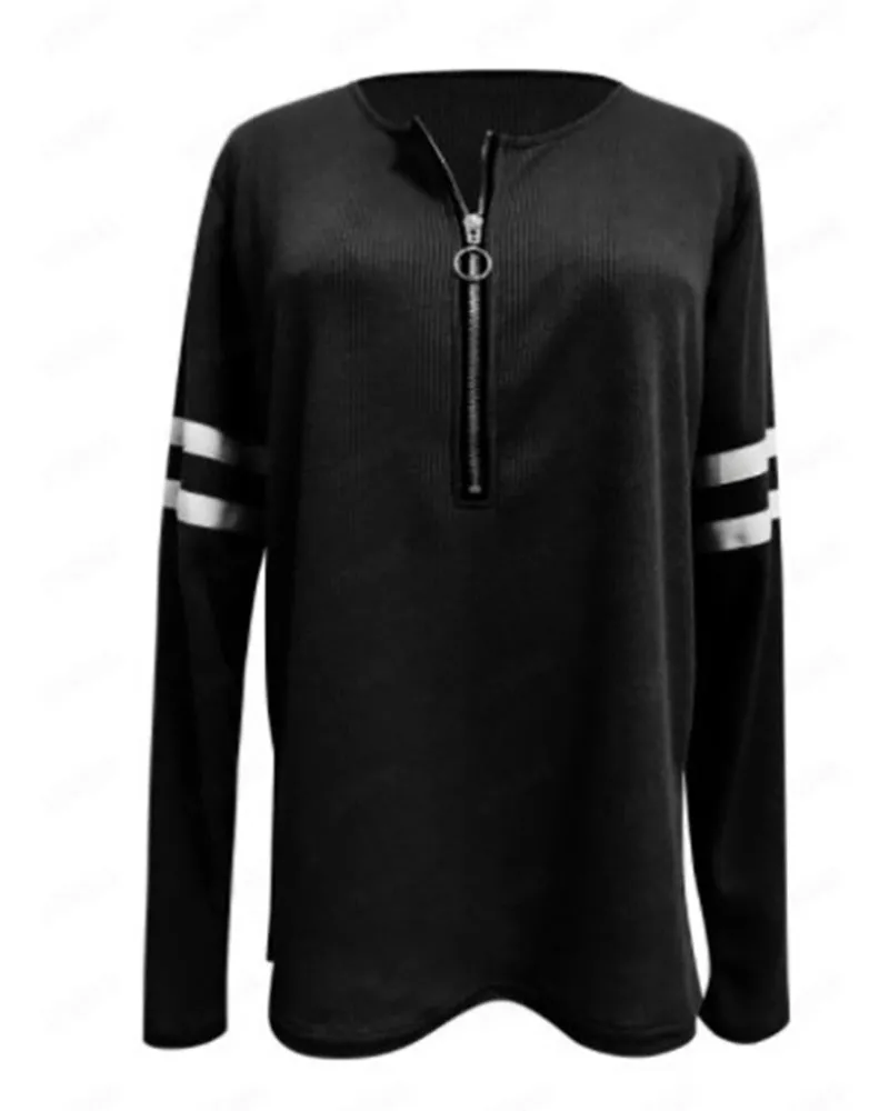 Striped Print Zipper Front Long Sleeve Top
