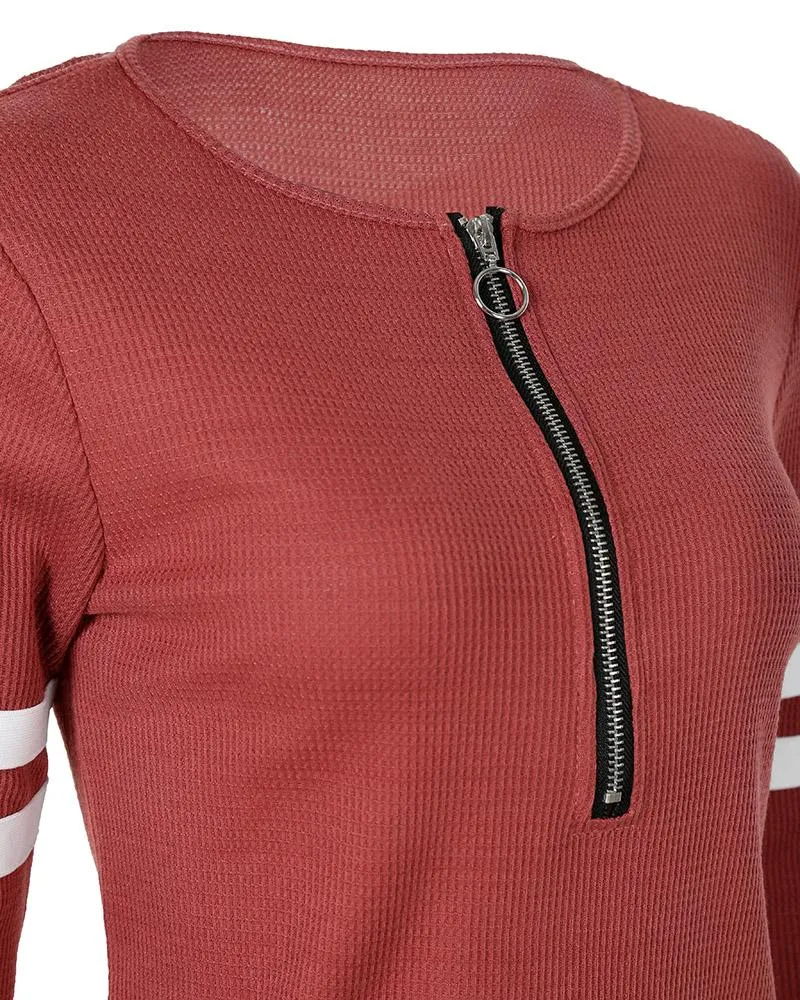 Striped Print Zipper Front Long Sleeve Top