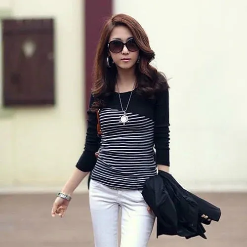 Striped T Shirt Women Clothes Long Sleeve Korean Top Autumn Casual Womens Clothing Patchwork Slim Tshirts O Neck Tee Shirt Femme