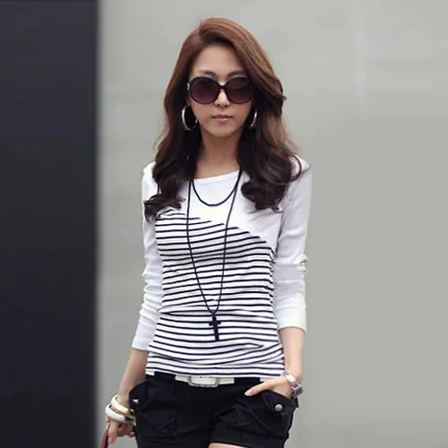 Striped T Shirt Women Clothes Long Sleeve Korean Top Autumn Casual Womens Clothing Patchwork Slim Tshirts O Neck Tee Shirt Femme