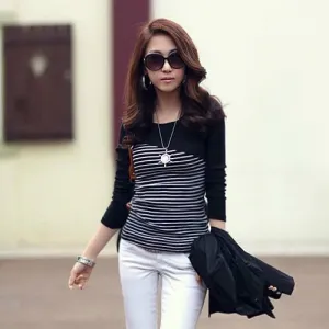 Striped T Shirt Women Clothes Long Sleeve Korean Top Autumn Casual Womens Clothing Patchwork Slim Tshirts O Neck Tee Shirt Femme