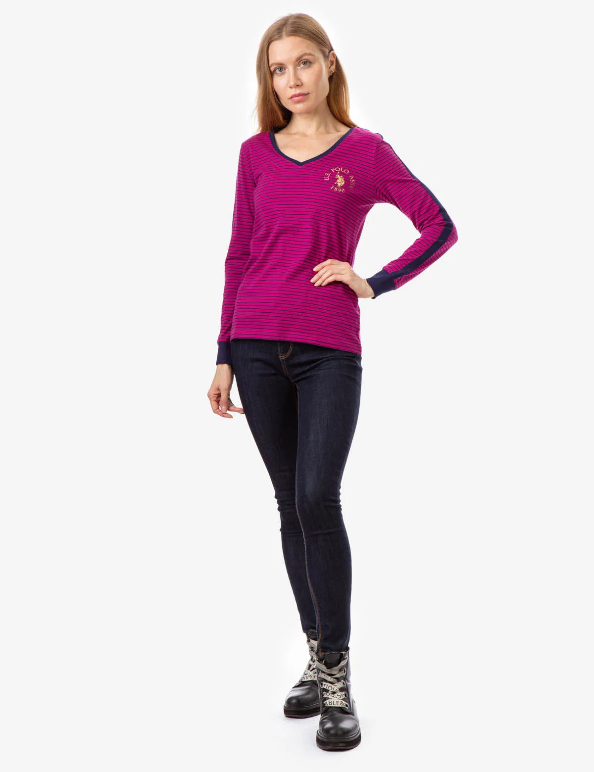 STRIPED V-NECK LONG SLEEVE T-SHIRT