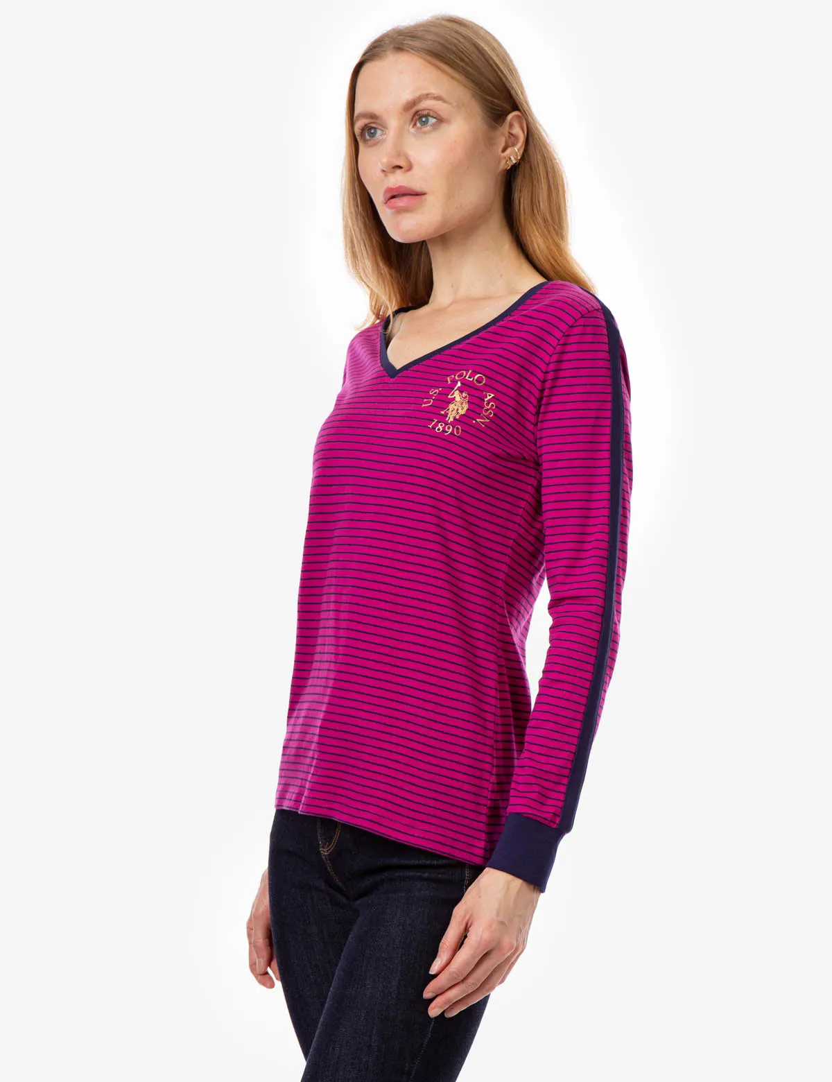 STRIPED V-NECK LONG SLEEVE T-SHIRT